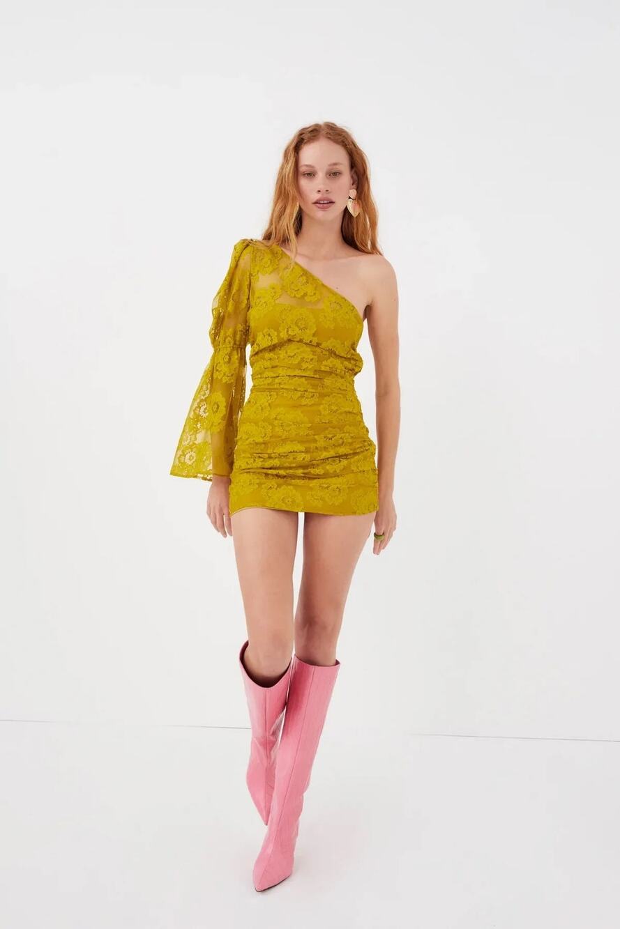 NEW For Love & Lemons Tiana Mini Dress Womens Size Small Yellow Lace Ruched